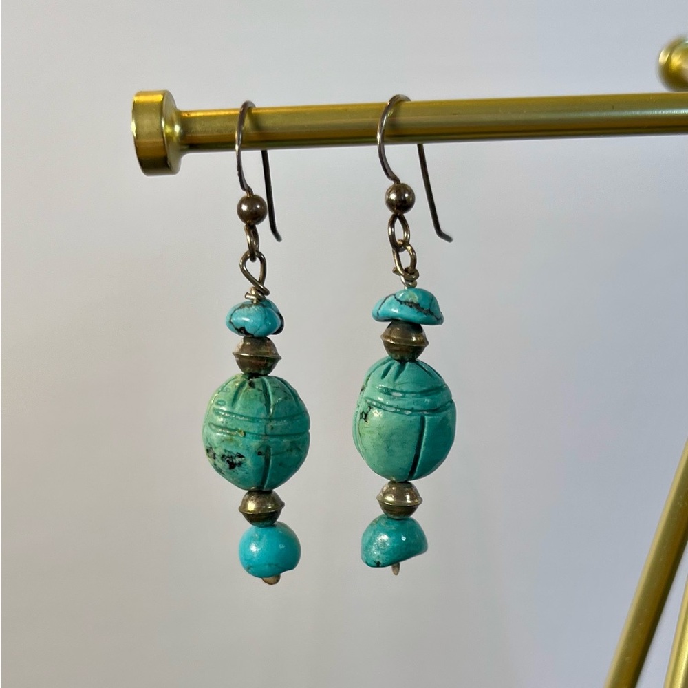 Sterling Silver 925 Turquoise Scarab Dangle Earrings Egyptian Revival Boho